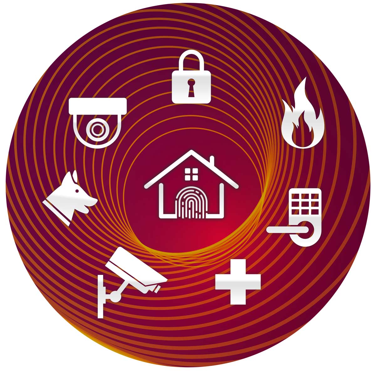 Different icons, including a padlock, fire, medicine, CCTV, Home, and a pet