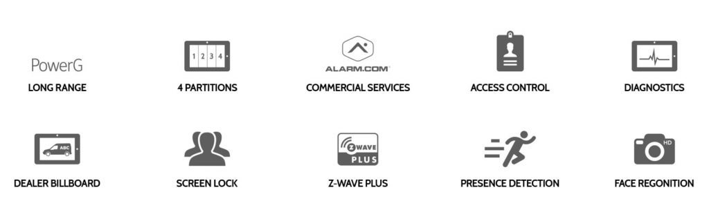 Smart home and business features, including z-wave plus, screen lock, and diagnostics
