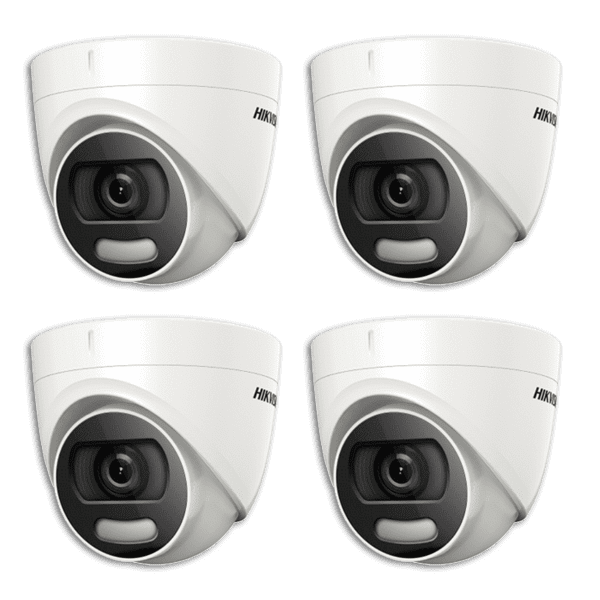 Four hikvision cctv cameras on a white background.